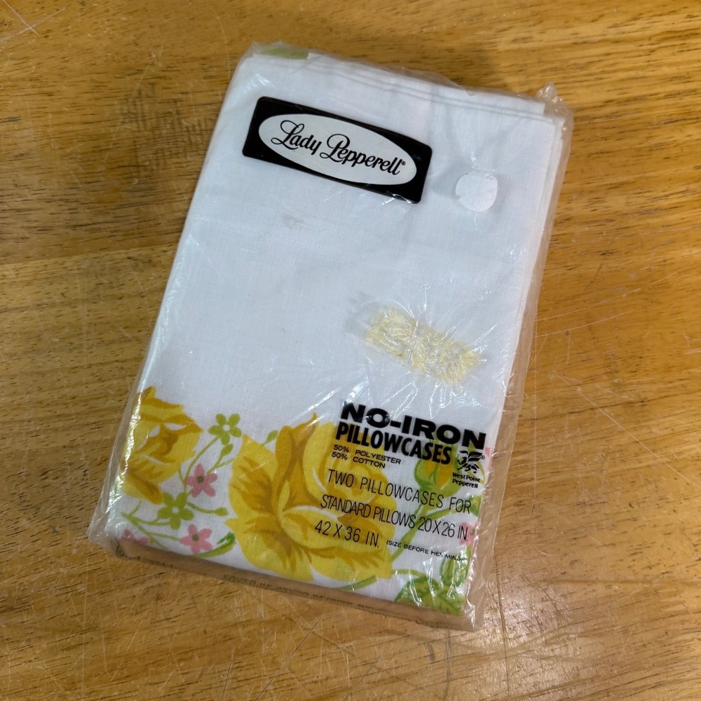 Lady Pepperell Pillowcases Standard White Yellow Floral Vtg Rose Set of 2 USA